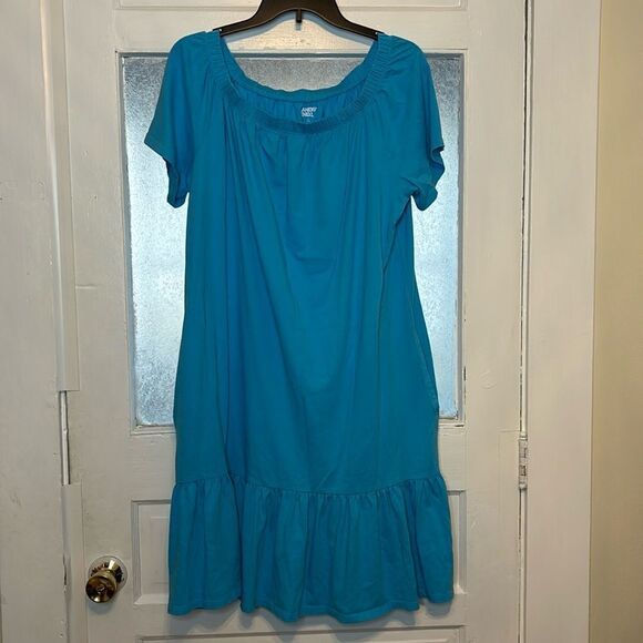 Lands End Women’s Teal Off Shoulder casual Dress with Bottom Ruffle Size Large - Picture 1 of 5
